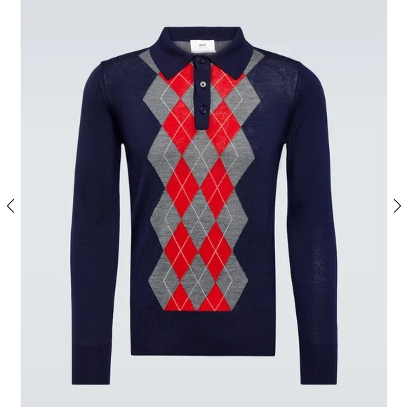 Ami Alexandre Mattiussi Navy Blue Grey Red Men’s Argyle Wool Sweater NWT Size L